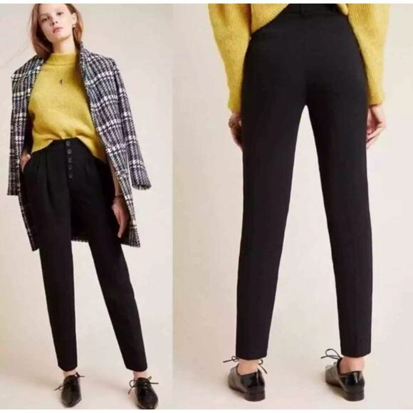 Anthropologie Sasha Button Fly Tapered Trousers Pant Black Corpcore Casual sz 6 - Picture 1 of 8